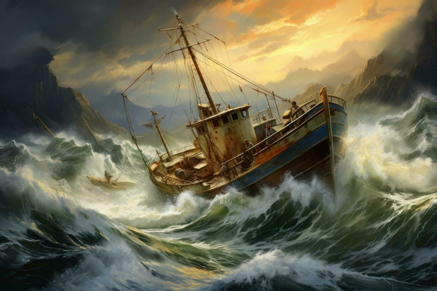 AI generated Old ship in stormy sea with storm waves. 3d illustration, A vintage fishing boat navigating rough seas, AI Generated photo