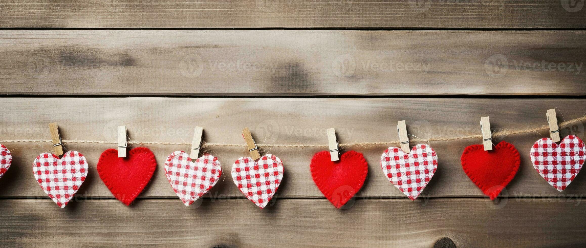 AI generated Hearts hanging on rope over wooden background. Valentines day background photo