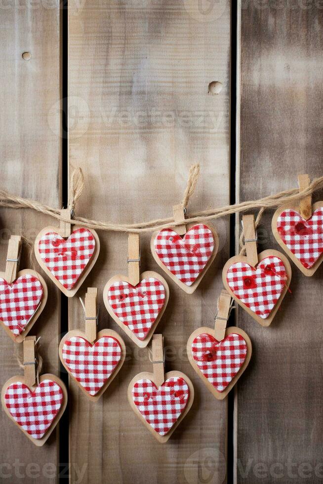 ai generado San Valentín día antecedentes con corazones y pinzas para la ropa en de madera pared foto