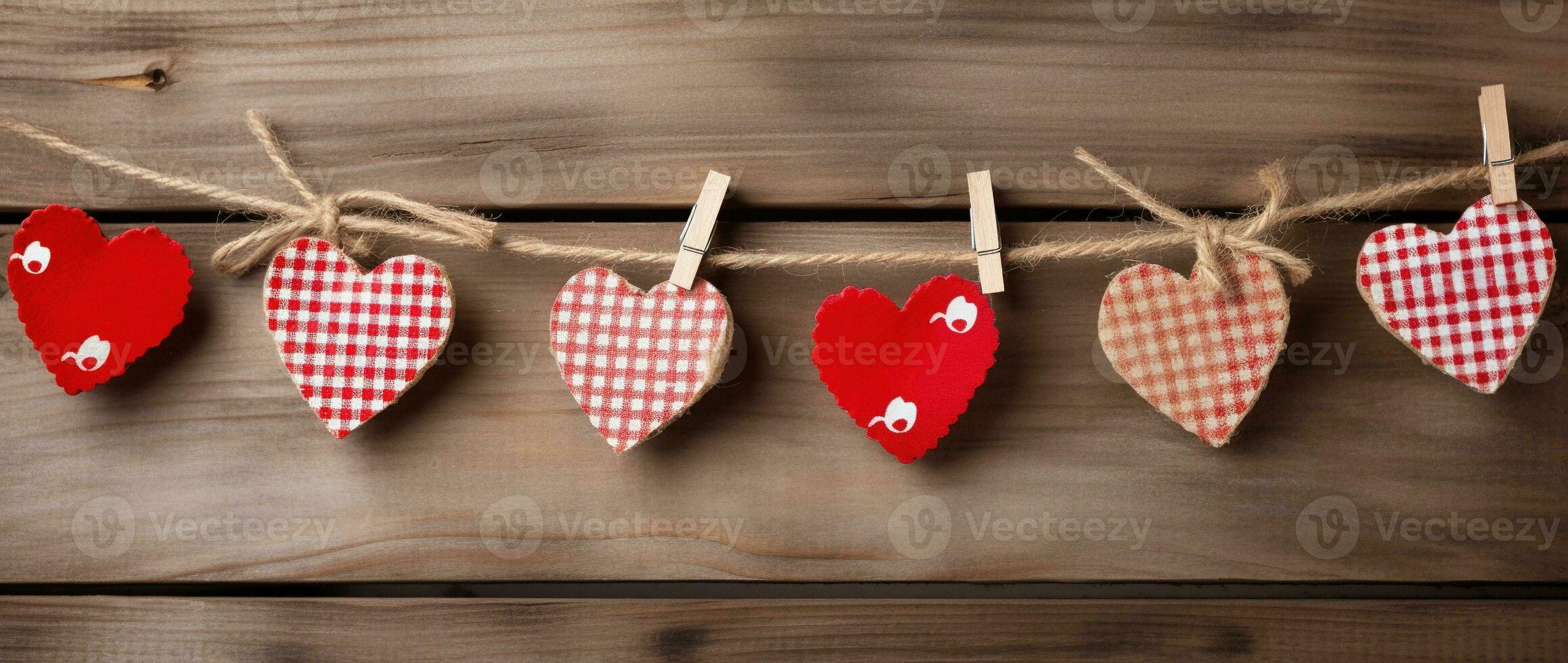 AI generated Hearts hanging on rope over wooden background. Valentines day background photo