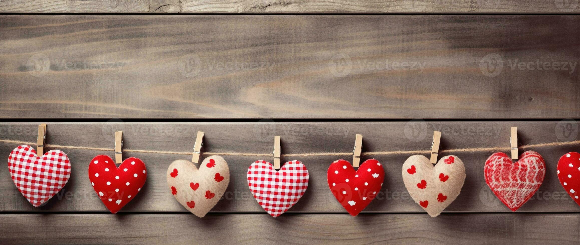 AI generated Hearts hanging on rope over wooden background. Valentines day background photo