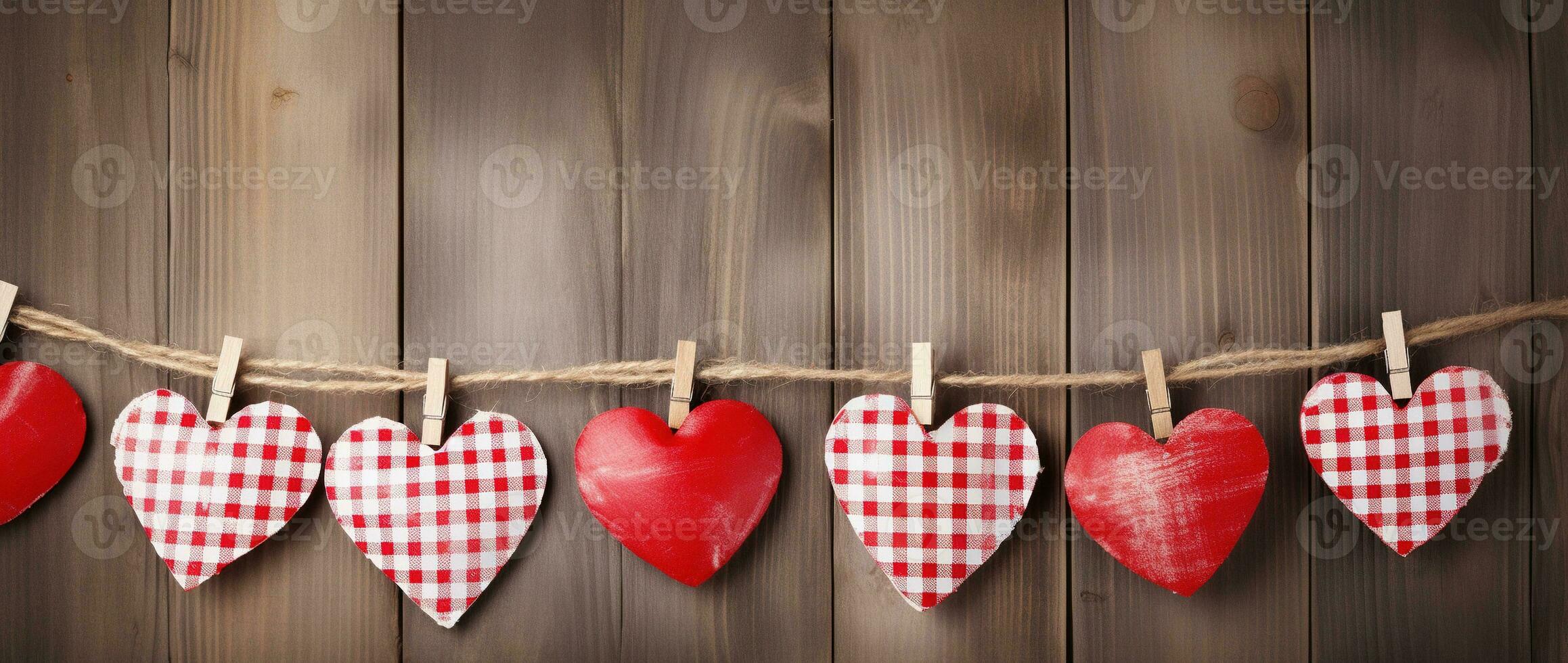 AI generated Hearts hanging on rope over wooden background. Valentines day background photo