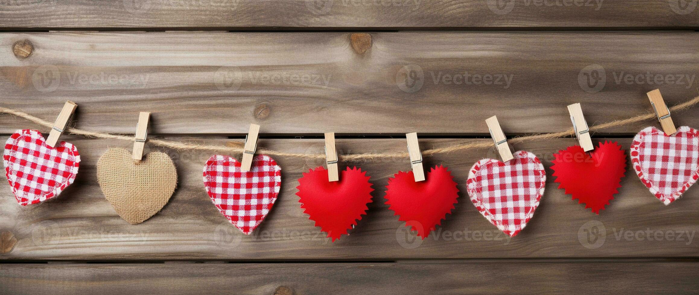 AI generated Valentine's day background with hearts and clothespins on wooden wall photo