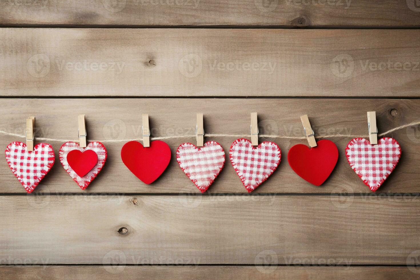 AI generated Valentine's day background with hearts and clothespins on wooden wall photo