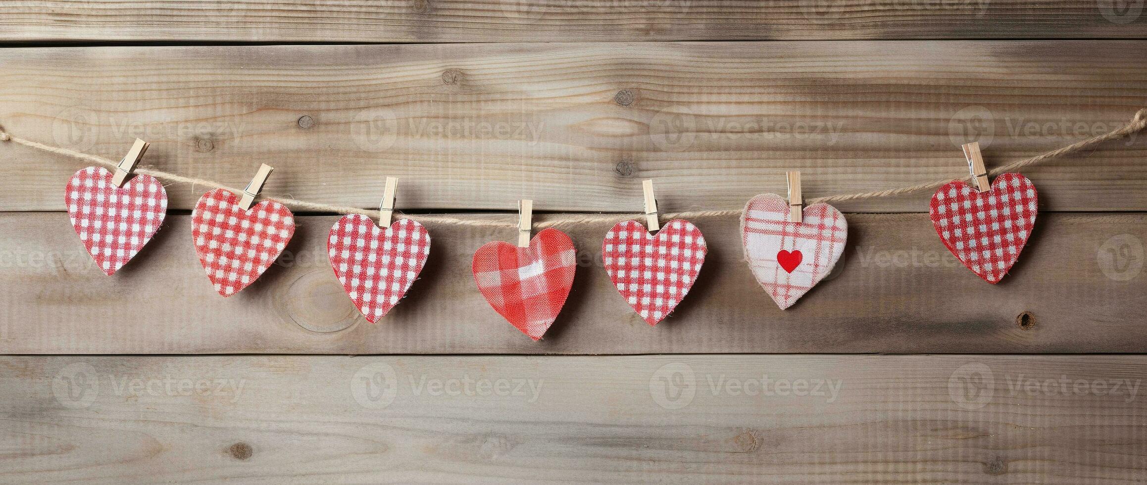 AI generated Hearts hanging on rope over wooden background. Valentines day background photo