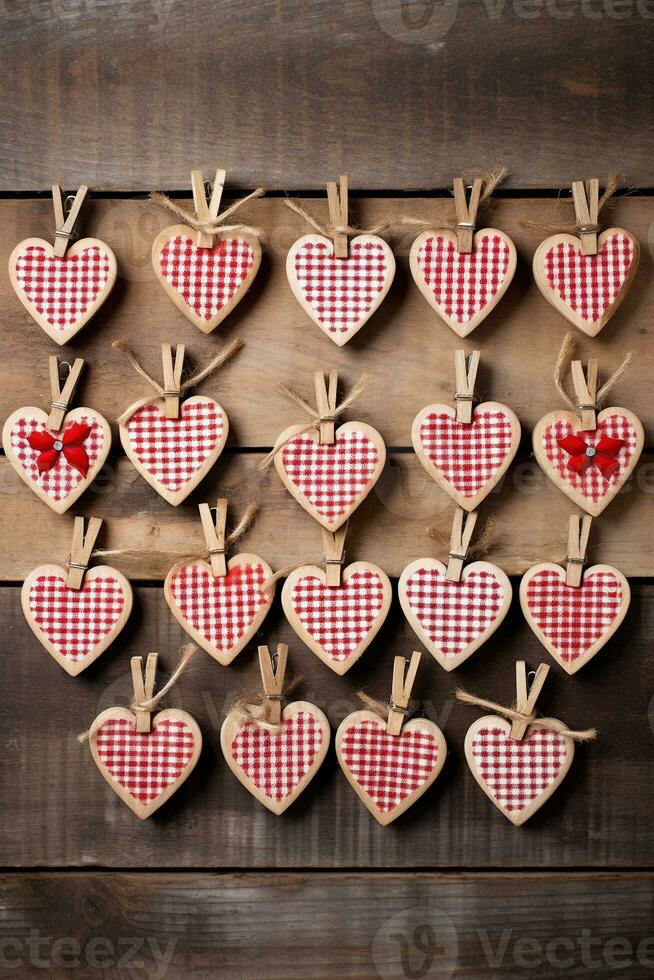 AI generated Hearts hanging on rope over wooden background. Valentines day background photo