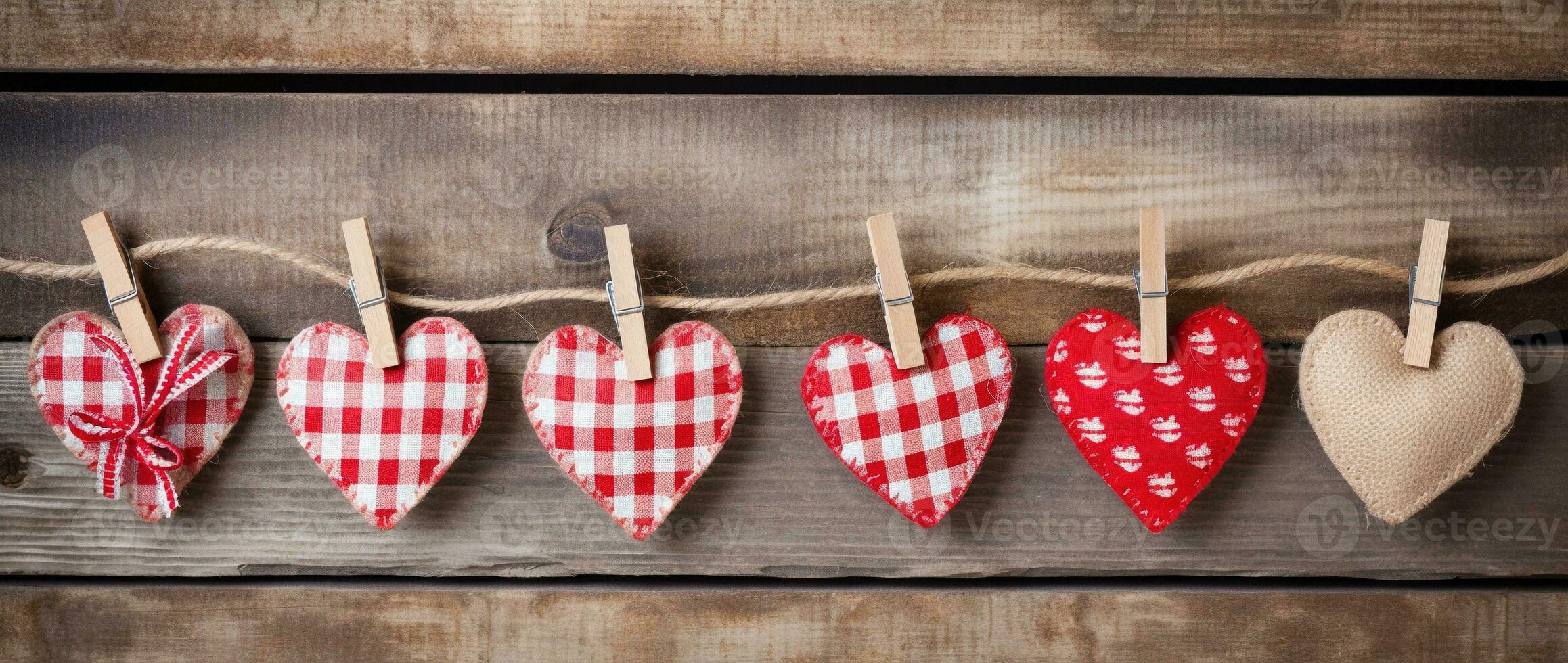 ai generado corazones colgando en cuerda terminado de madera antecedentes. san valentin día antecedentes foto