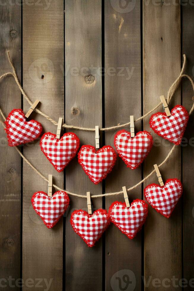 AI generated Valentine's day background with hearts and clothespins on wooden wall photo