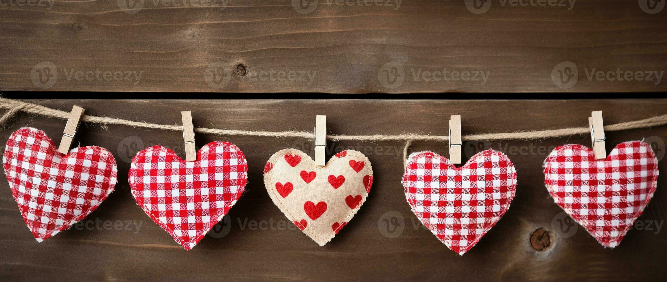 AI generated Hearts hanging on rope over wooden background. Valentines day background photo