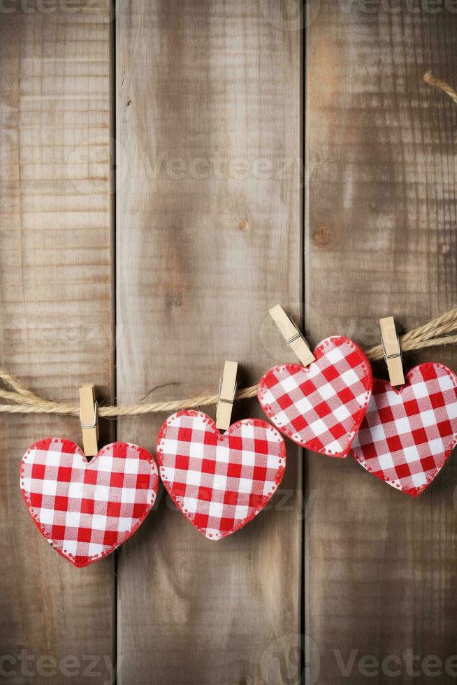 AI generated Valentine's day background with hearts and clothespins on wooden wall photo