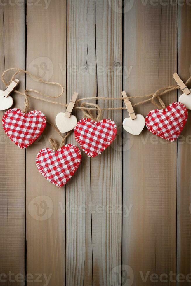 AI generated Valentine's day background with hearts and clothespins on wooden wall photo