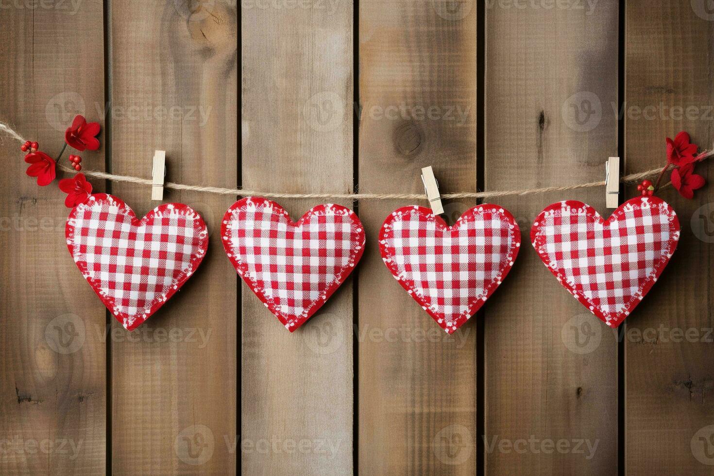 AI generated Valentine's day background with hearts and clothespins on wooden wall photo