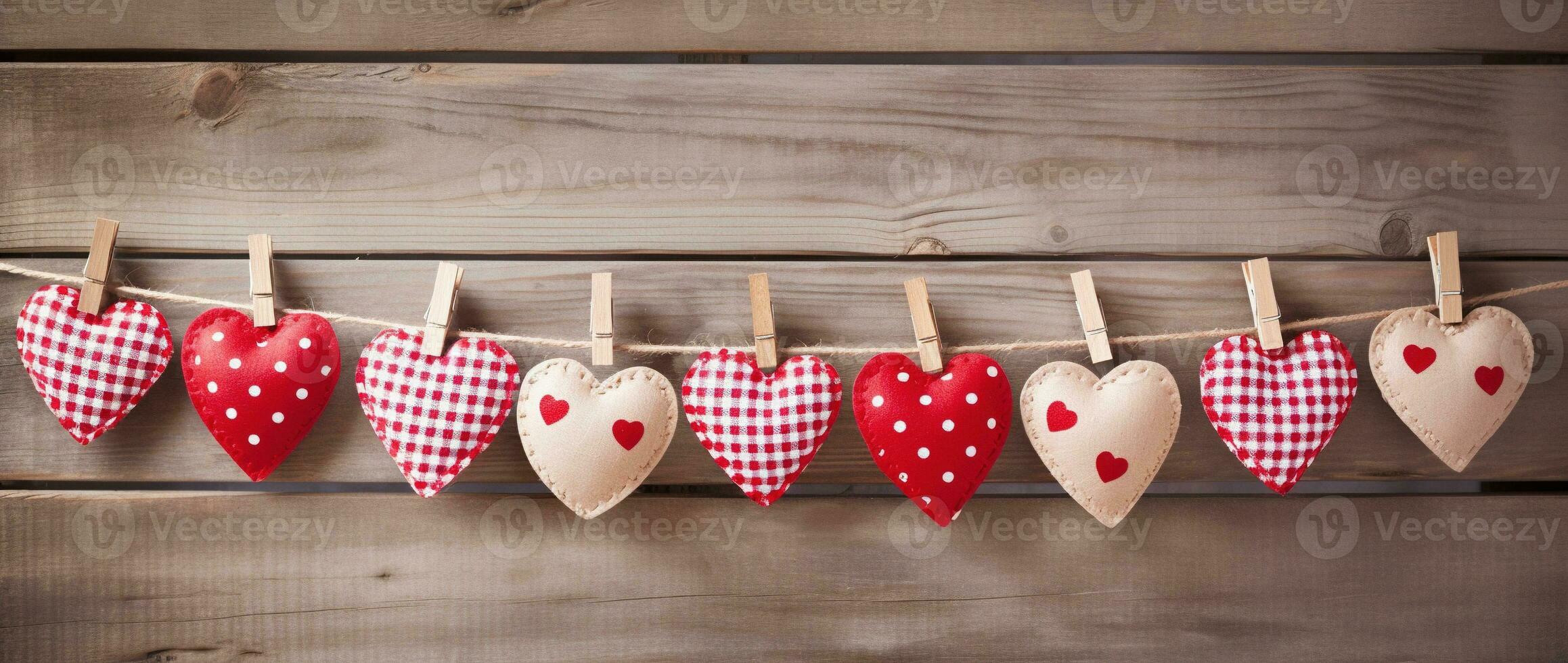 AI generated Valentine's day background with hearts and clothespins on wooden wall photo