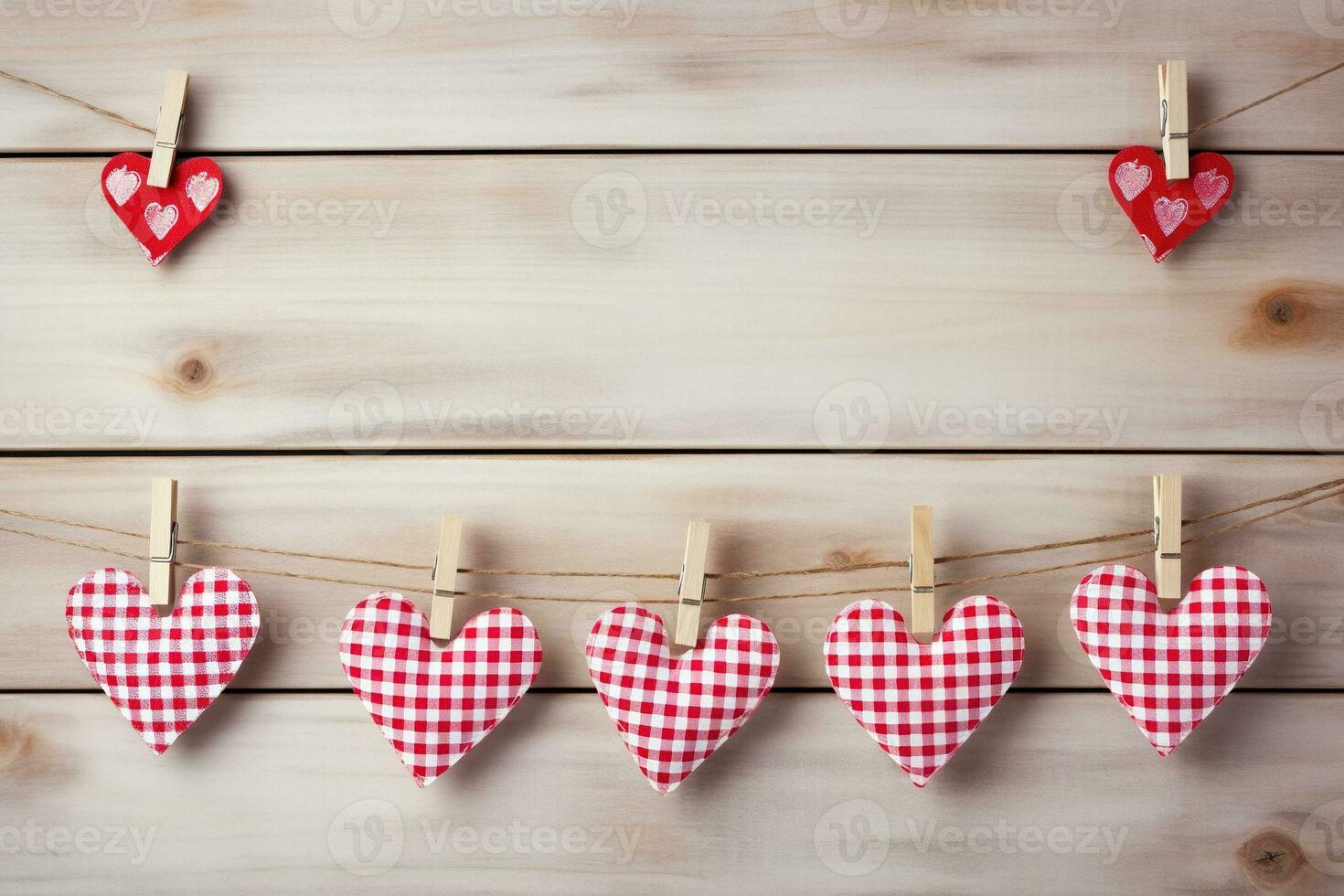 AI generated Valentine's day background with hearts and clothespins on wooden wall photo