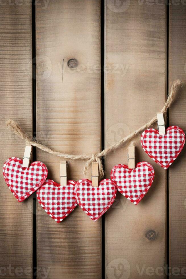 AI generated Valentine's day background with hearts and clothespins on wooden wall photo