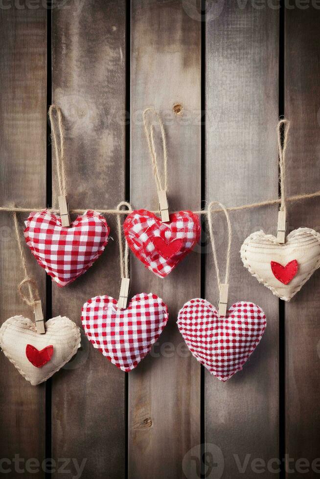 AI generated Valentine's day background with hearts and clothespins on wooden wall photo