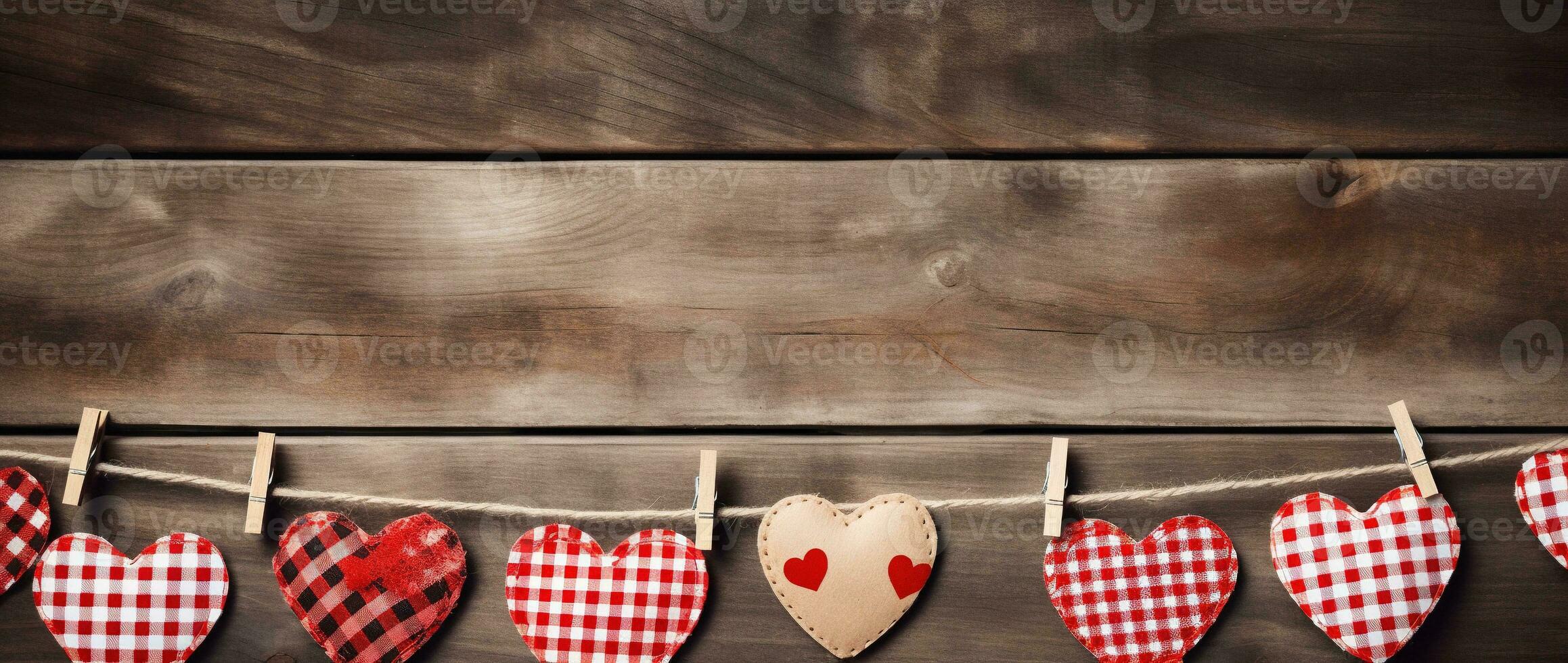 AI generated Valentine's day background with hearts and clothespins on wooden wall photo