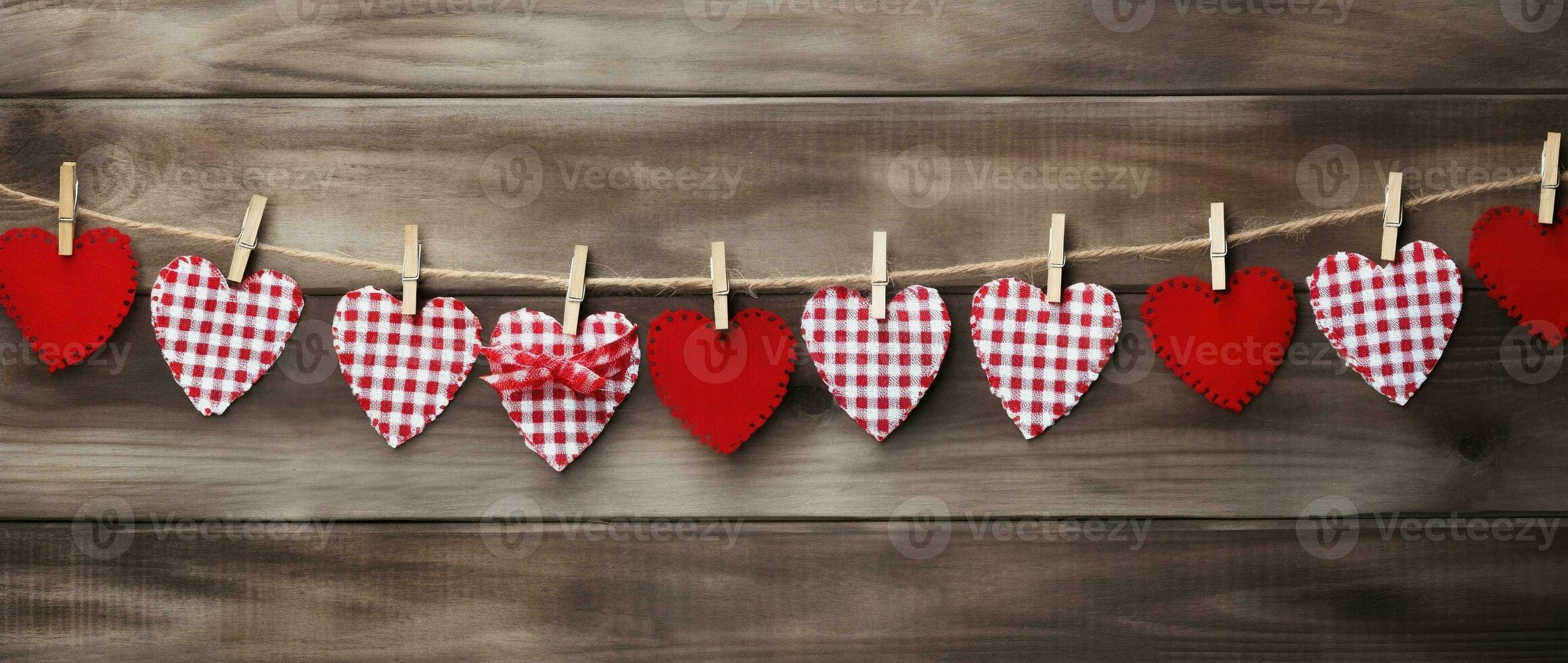 AI generated Valentine's day background with hearts and clothespins on wooden wall photo