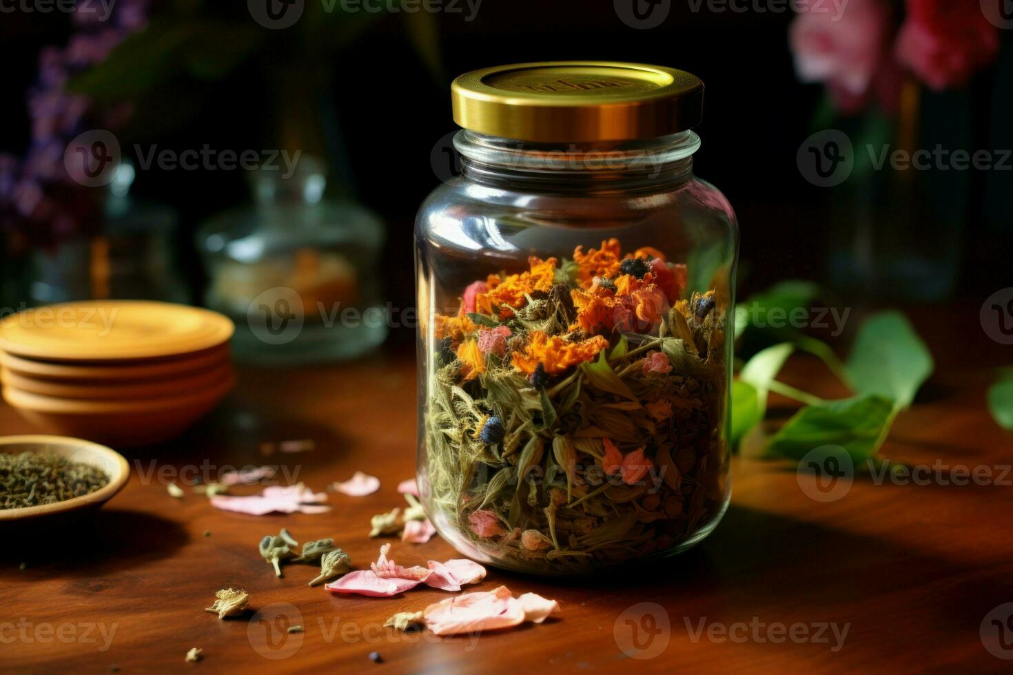 Soothing Dry jar herbal tea. Generate Ai photo