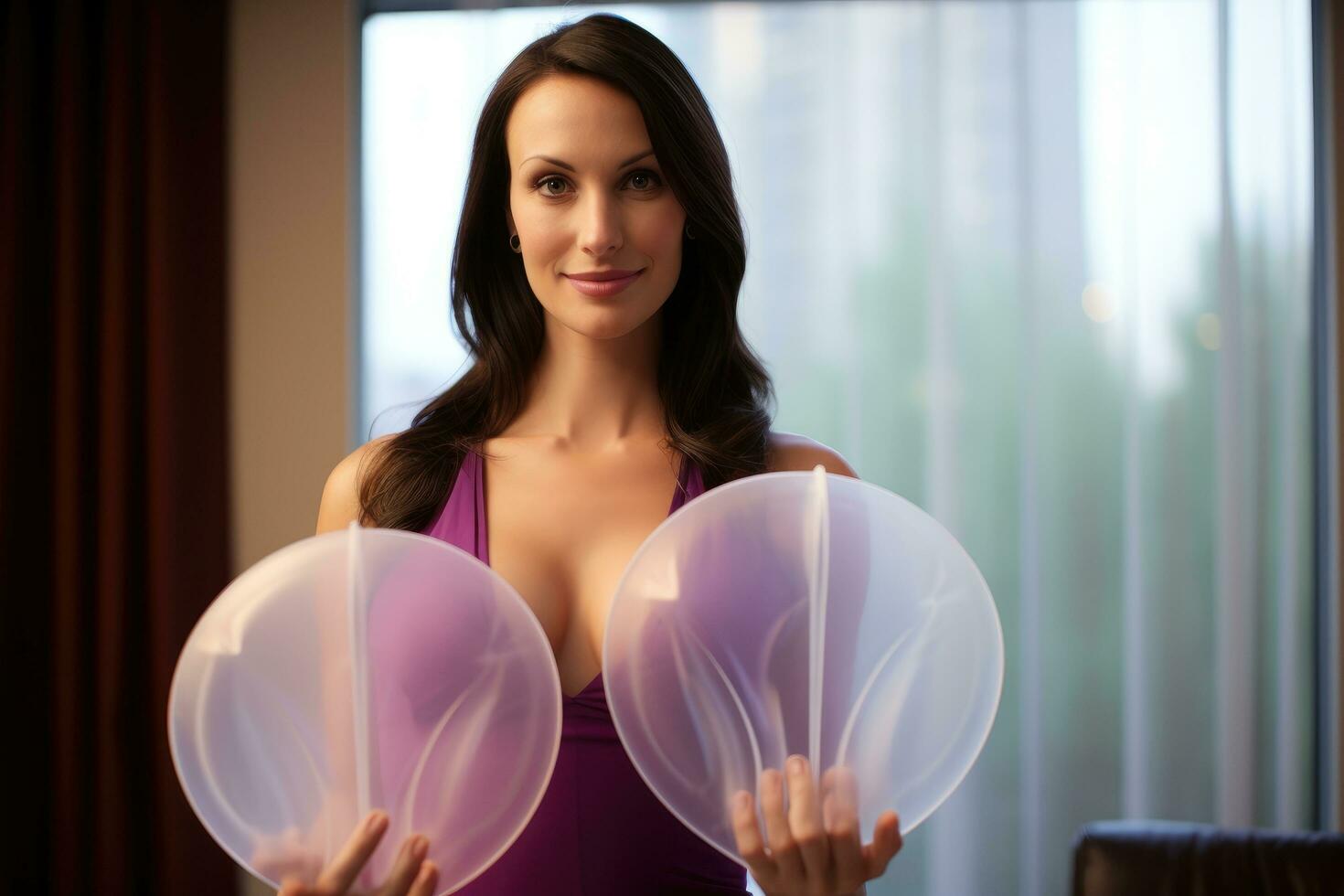 AI generated Beautiful young brunette woman in sexy purple lingerie holding balloons in her hands, A woman holding silicone bags for breast implants, AI Generated photo