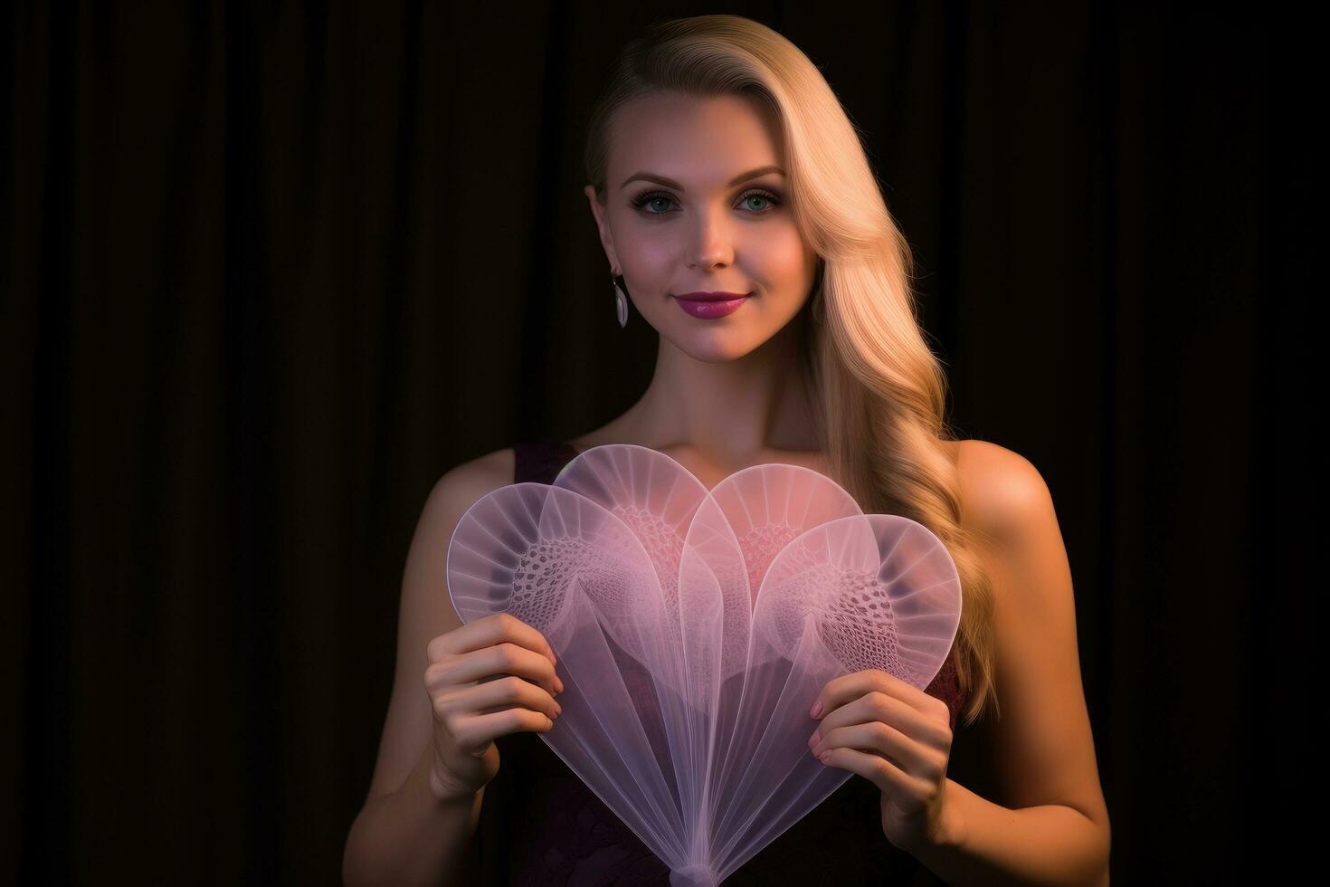 AI generated Beautiful young woman holding a heart-shaped paper fan in her hands, A woman holding silicone bags for breast implants, AI Generated photo