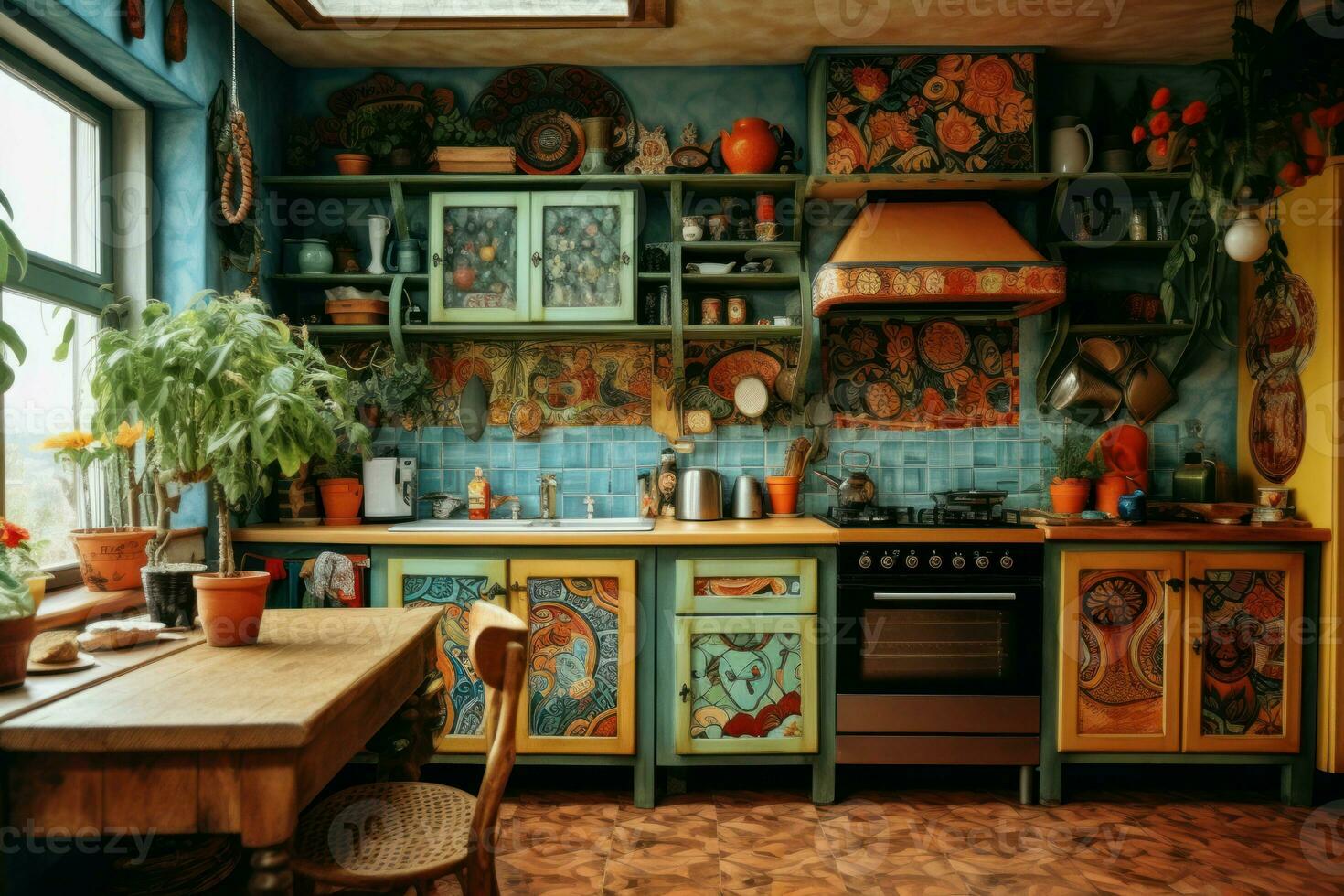 Eclectic Kitchen boho rustic. Generate Ai photo