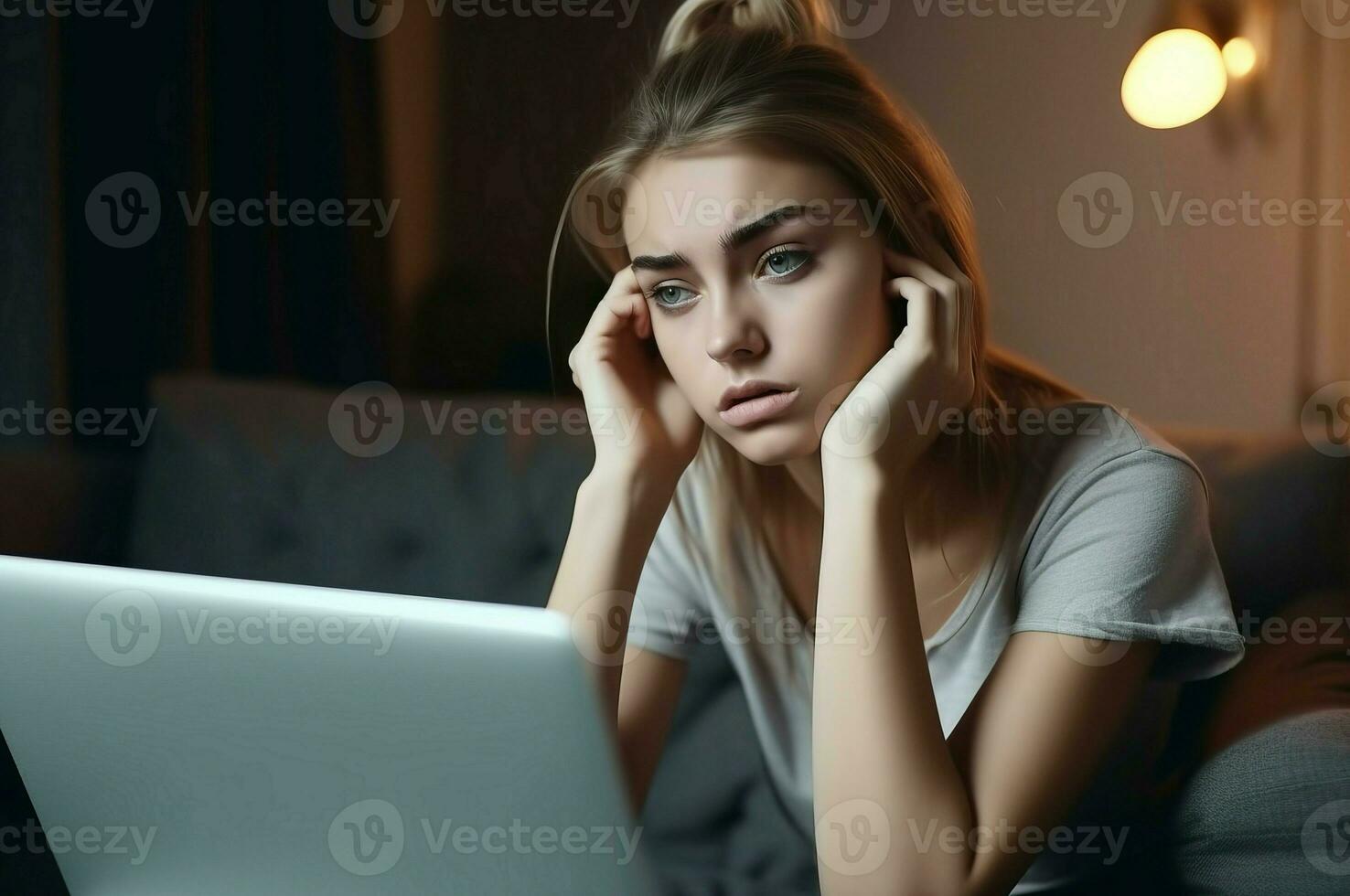 aprendizaje en línea ordenador portátil Universidad clases triste rostro. generar ai foto