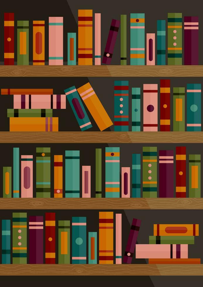 estante para libros con libros. conjunto de diferente libro espinas en de madera estantes. libro bandera. vector ilustración de biblioteca libro estante antecedentes