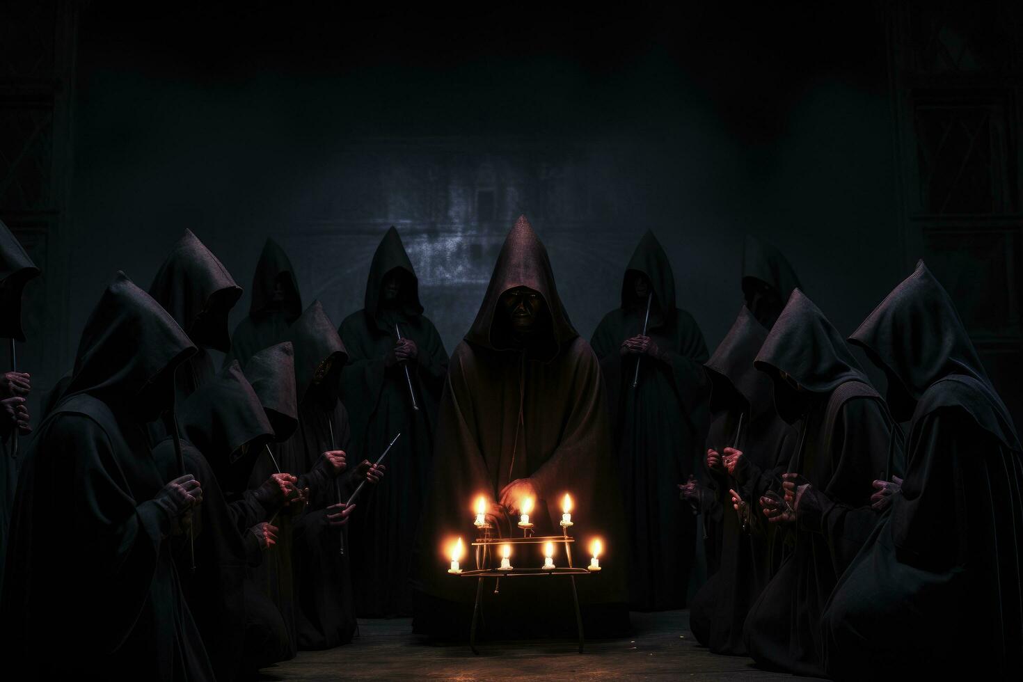 ai generado grupo de desconocido personas en el oscuro con iluminado velas Víspera de Todos los Santos concepto, un secreto sociedad reunión Graficado un conspiración, ai generado foto