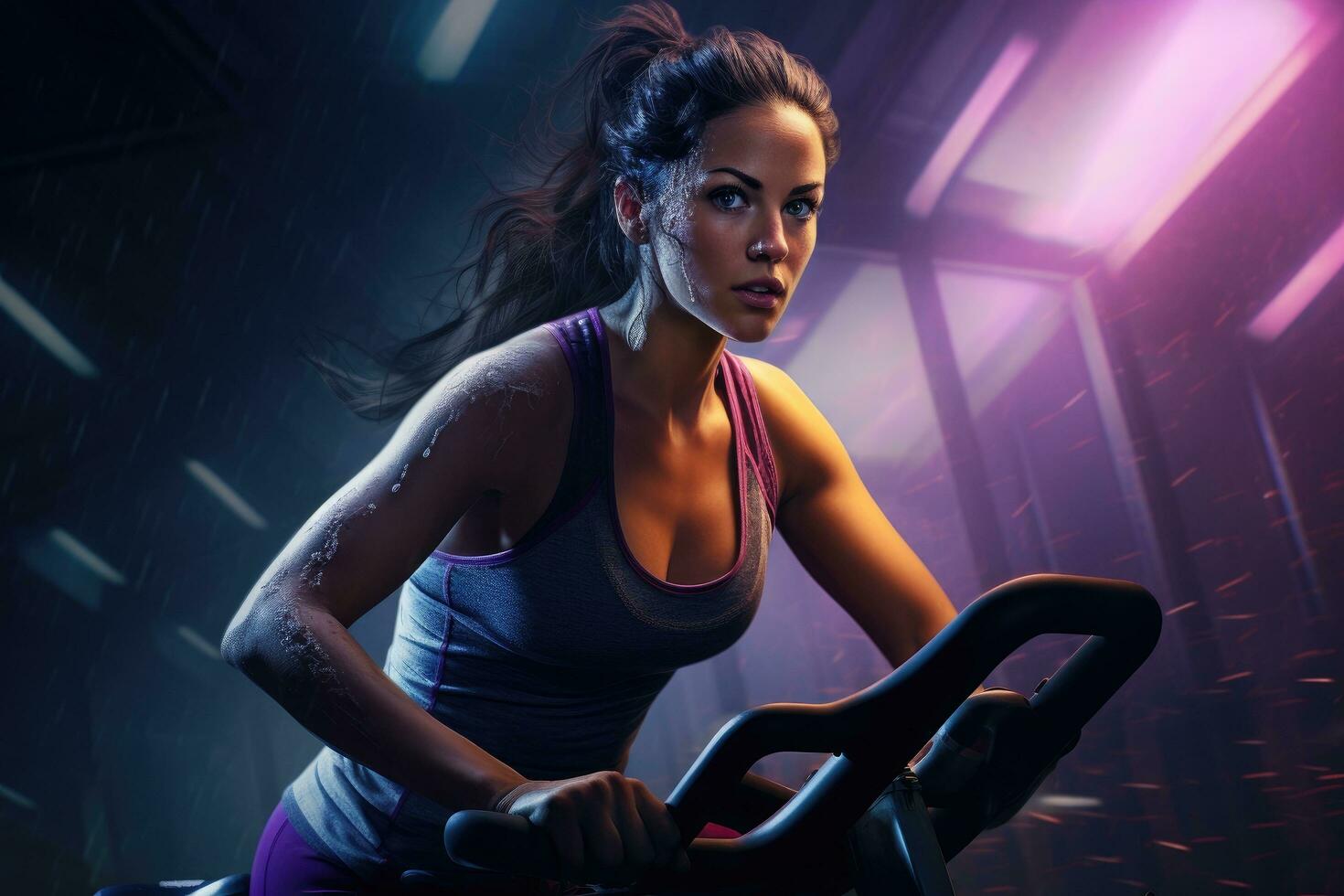 AI generated Portrait of a beautiful young woman working out at the gym, A woman on a fitness exercise bike indoors, AI Generated photo