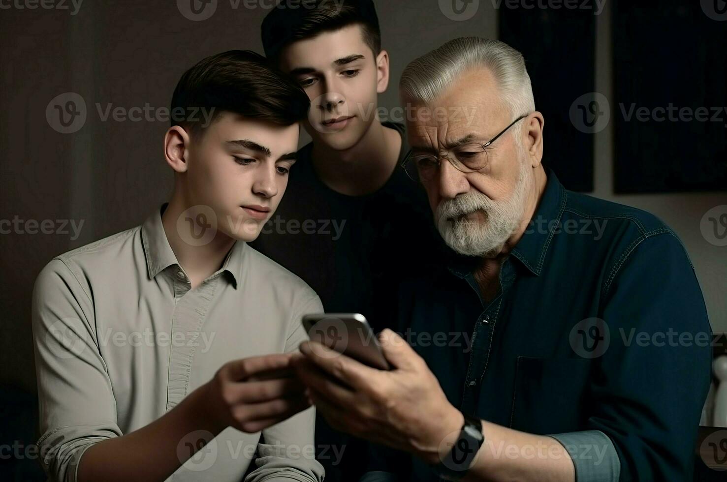 Concentrated senior father with his sons using cellphone. Generate ai photo