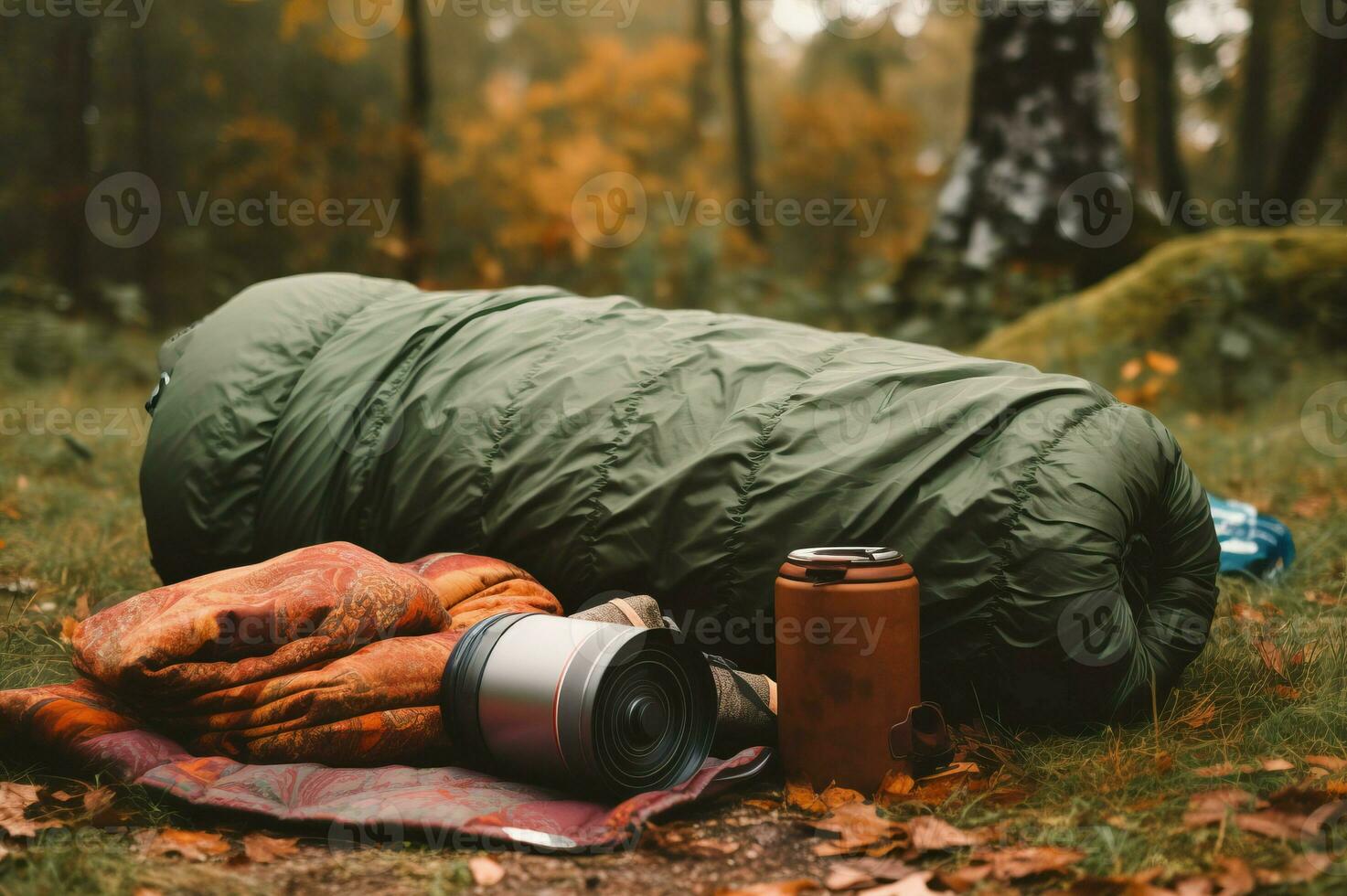 Rolled sleeping bag camping gear outdoor. Generate Ai photo