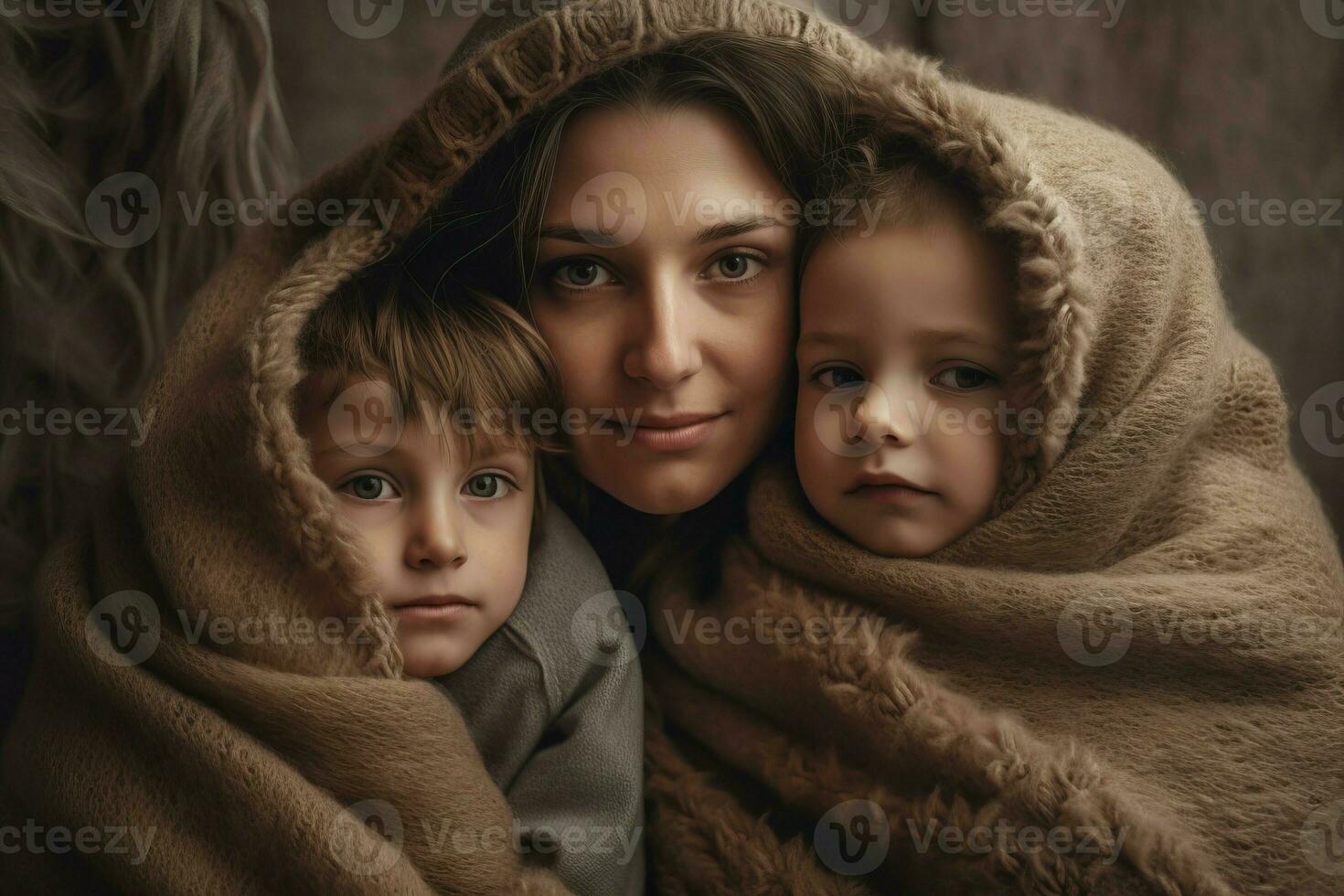 mujer con dos niños cubierto con mullido frazada. generar ai foto