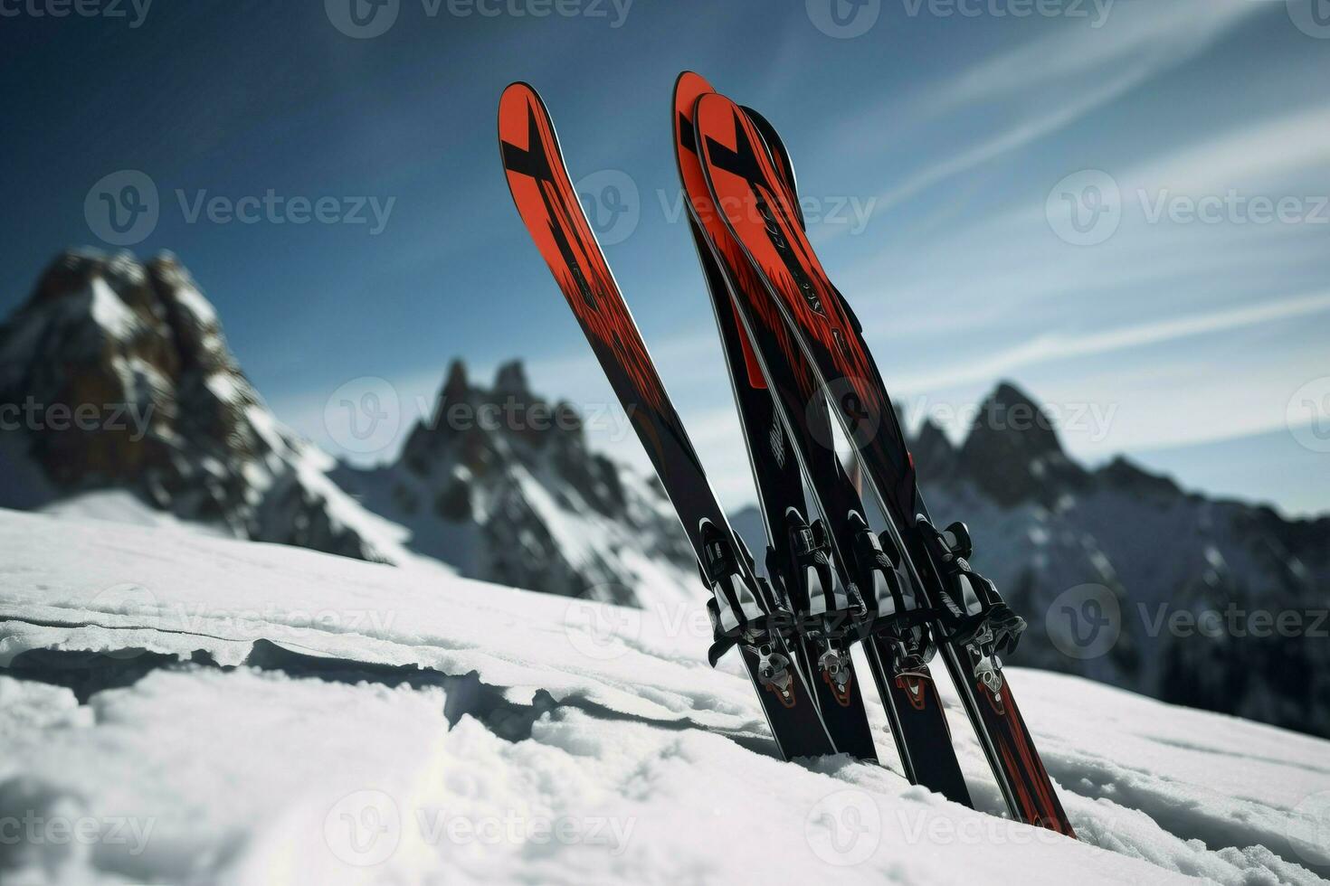 Skis in the snow mountains. Generate ai photo