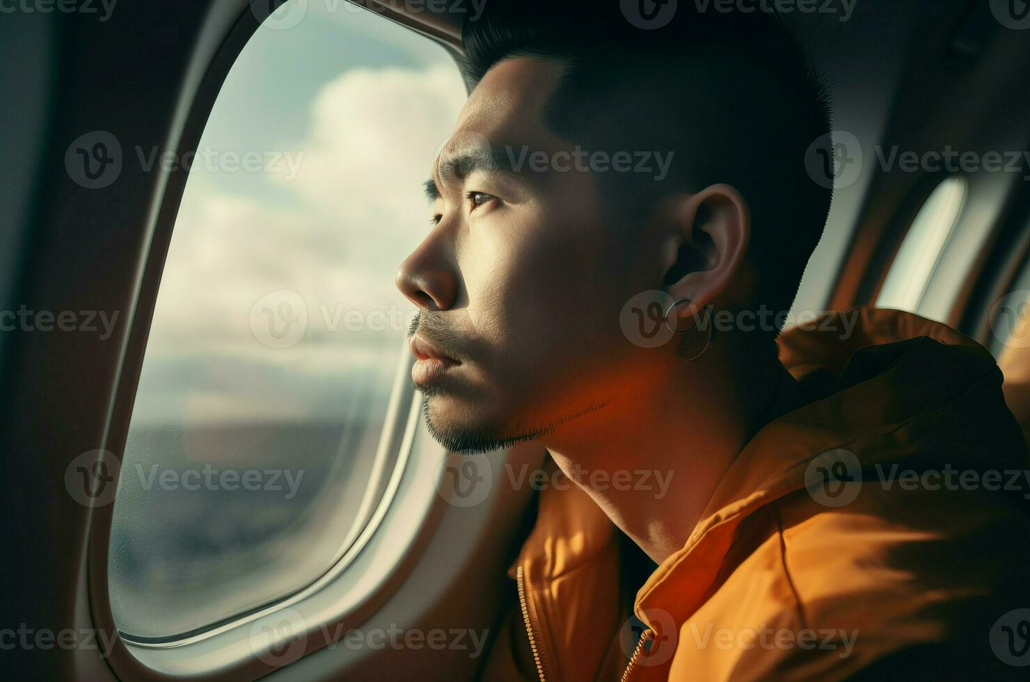 Young man admiring view out windows on airplane. Generate ai photo
