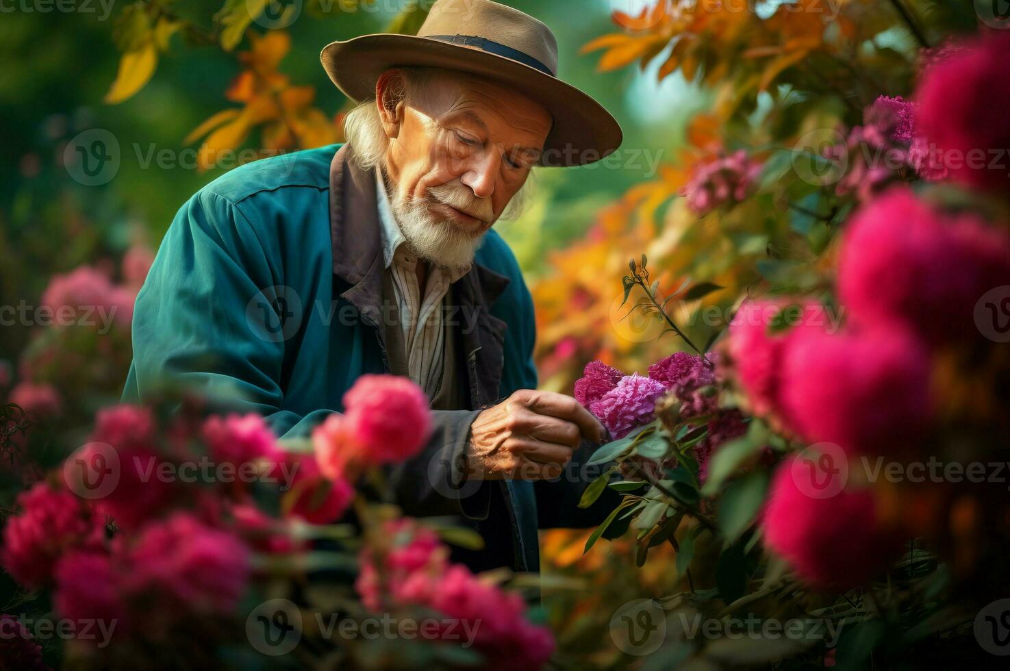 Senior gardener pruning summer colorful flowers. Generate Ai photo