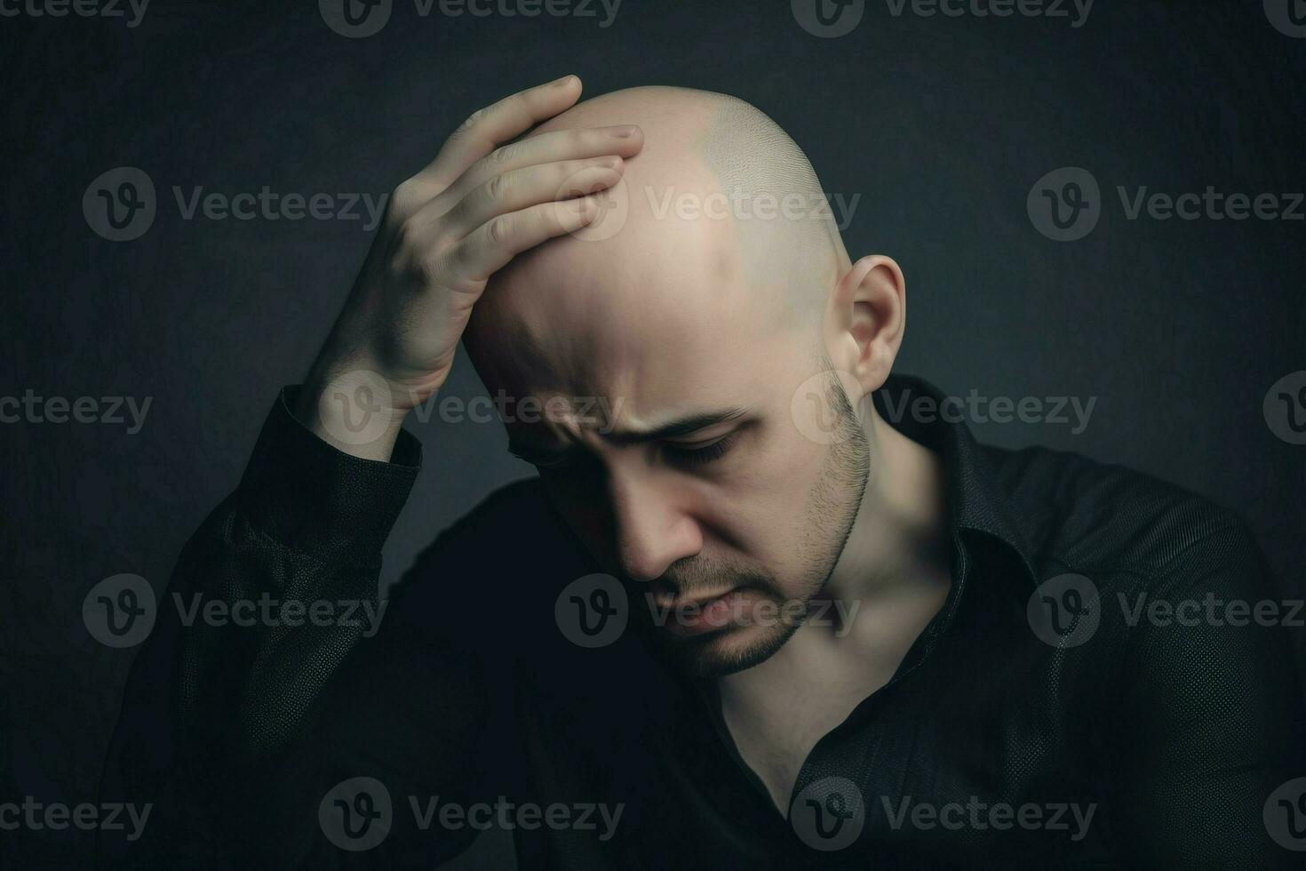 Man sad face bald head portrait. Generate Ai photo