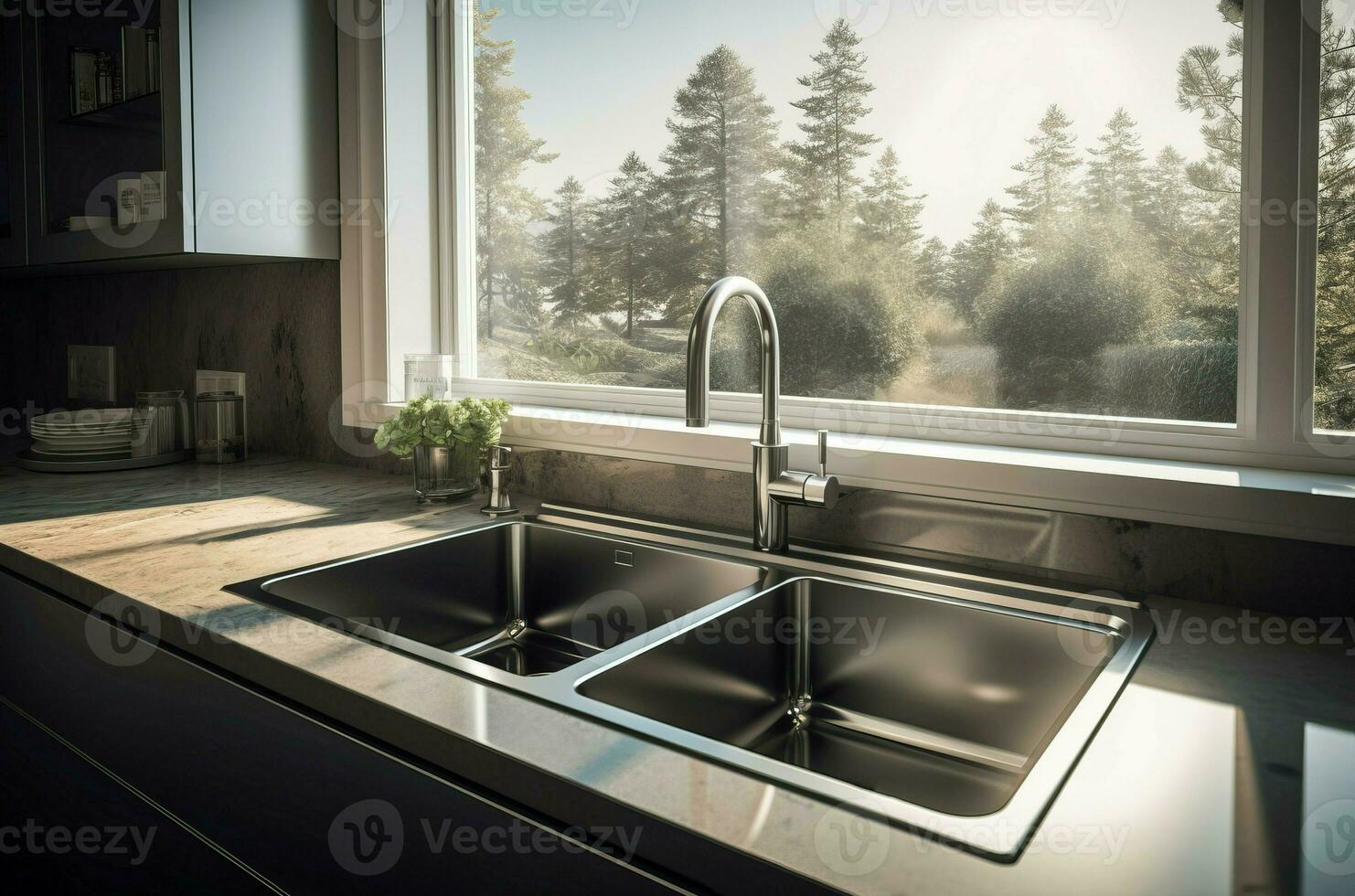 Stainless kitchen double sink. Generate ai photo