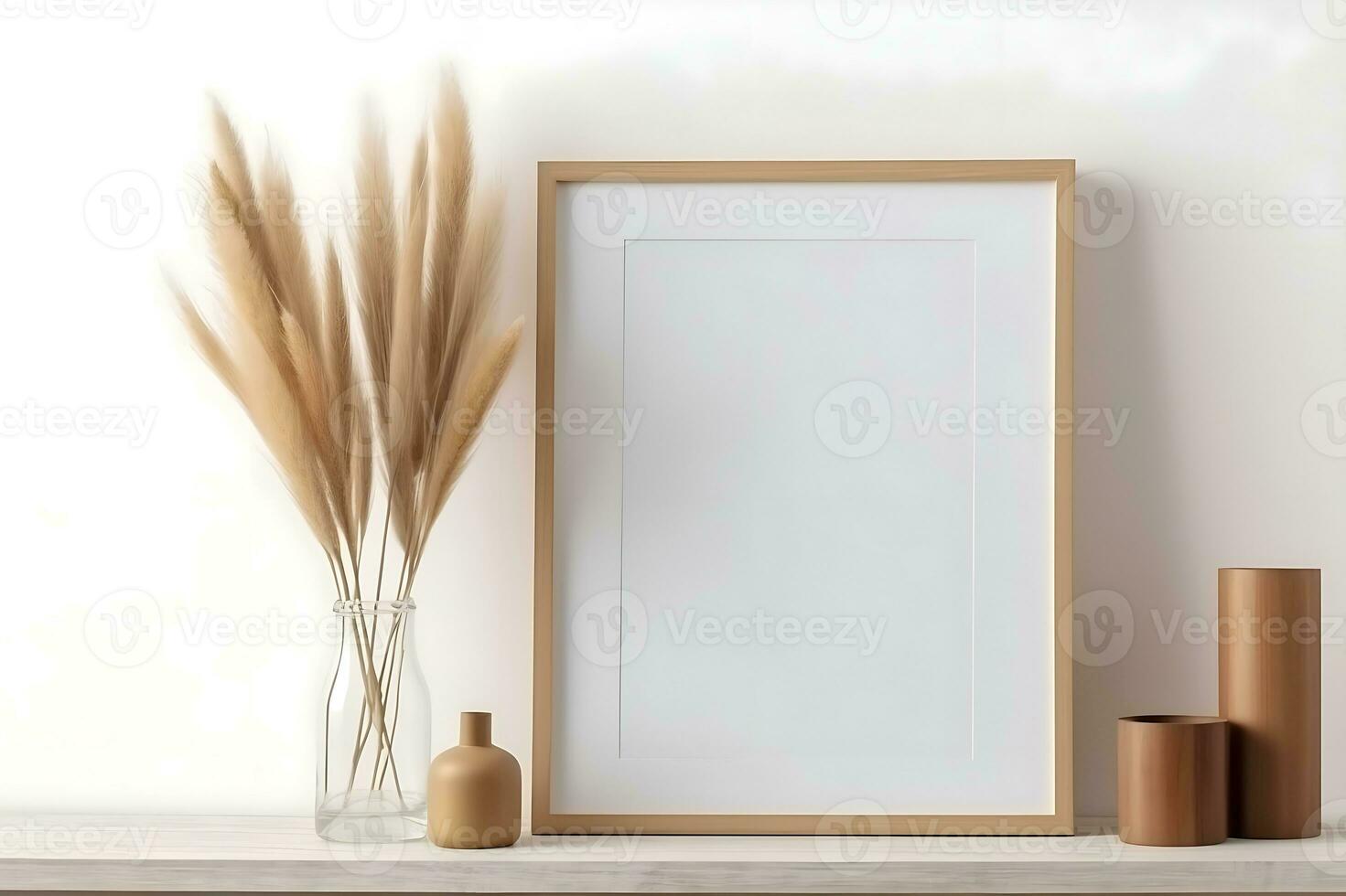 Mock up poster frame, vase with dry grass in vase on wooden shelf and white wall background. Generative AI photo