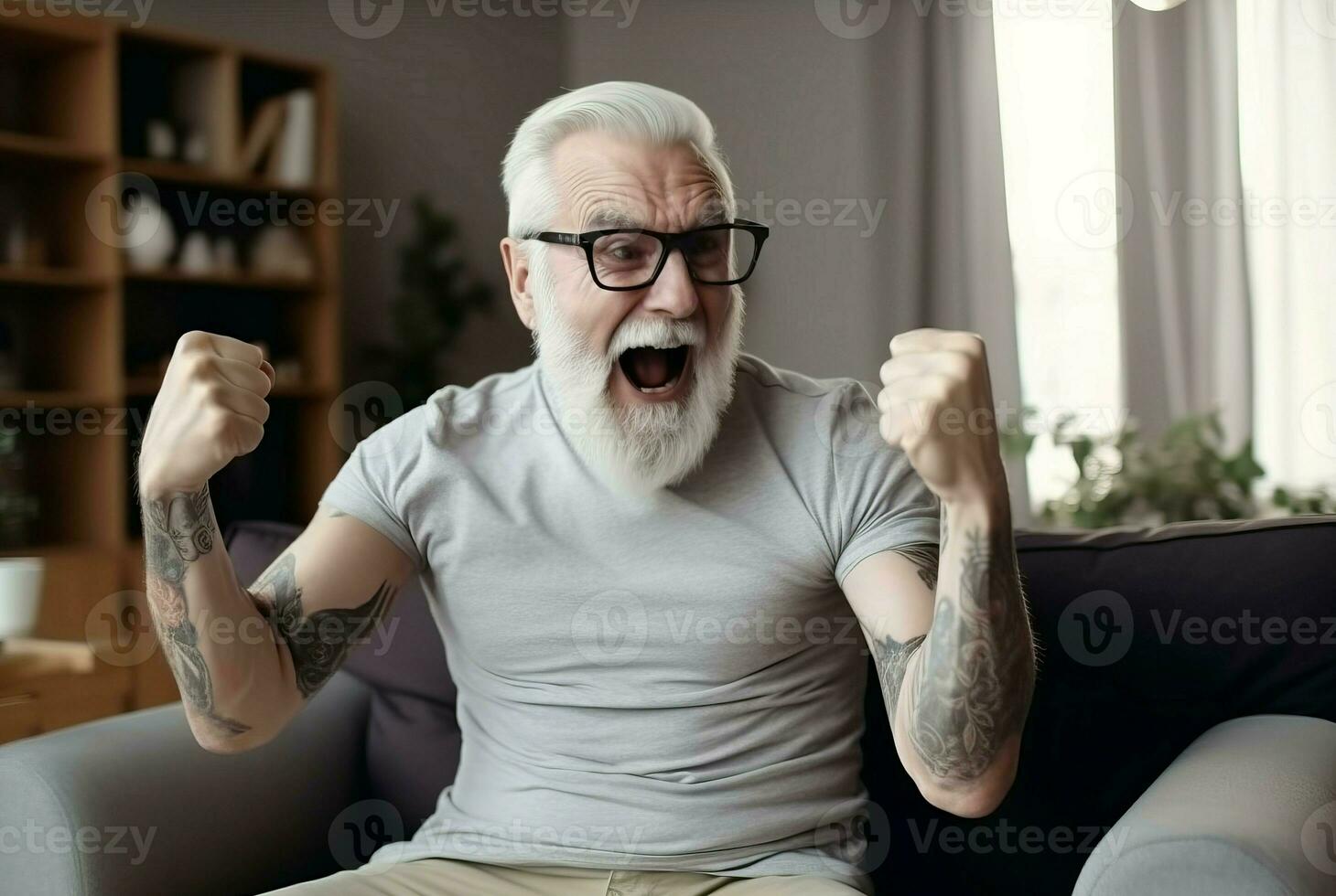 jubiloso mayor hombre con elevado tatuado manos. generar ai foto