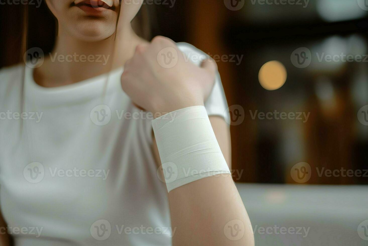 Woman adhesive bandage arm sticky. Generate Ai photo