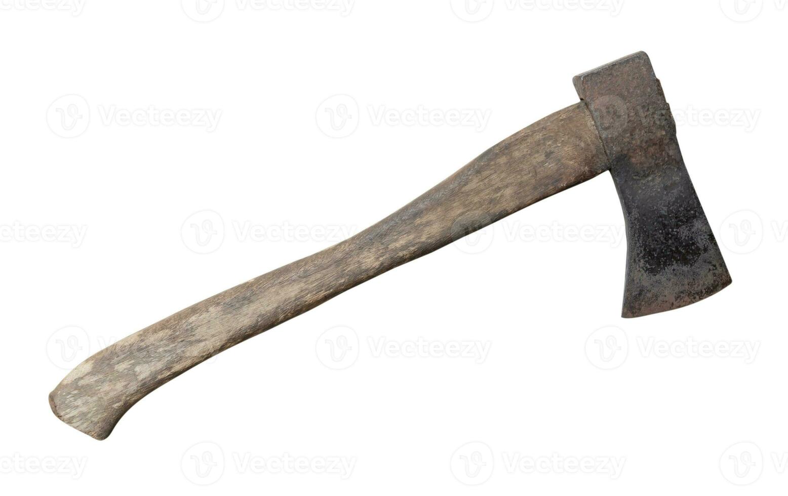 Old rust dirty dark gray axe with brown wooden handle isolated on white background with clipping path photo