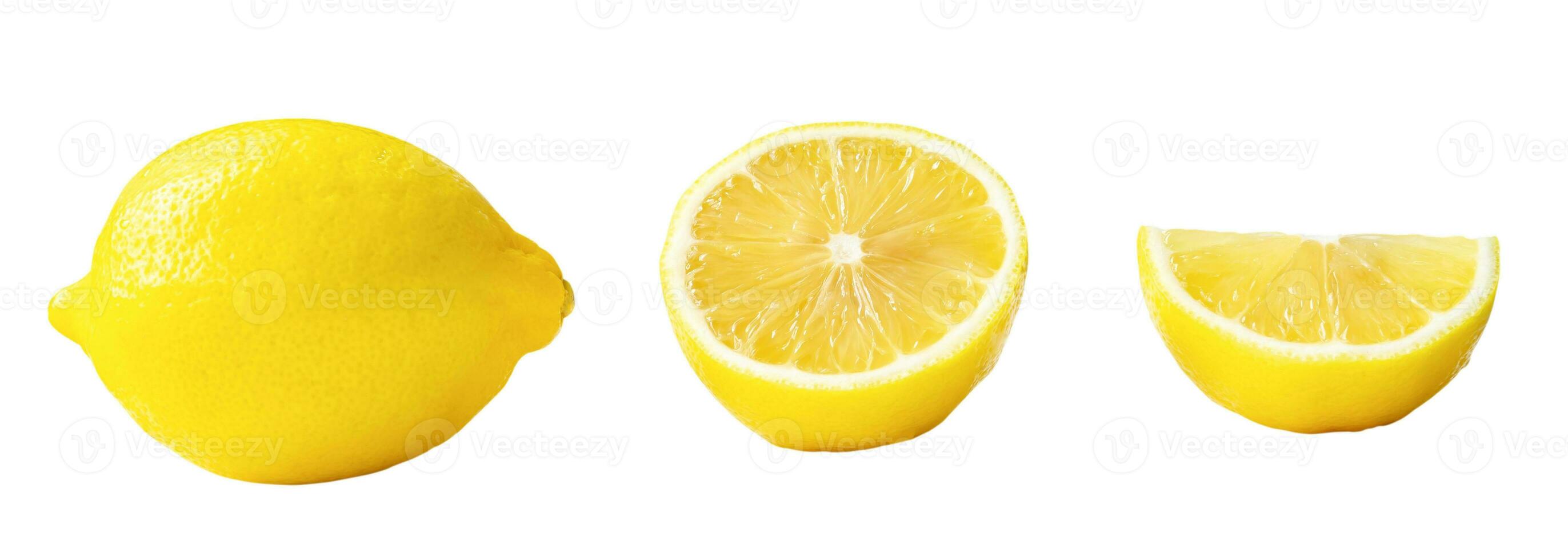 Set of whole yellow lemon with half and slice isolated on white background with clipping path photo