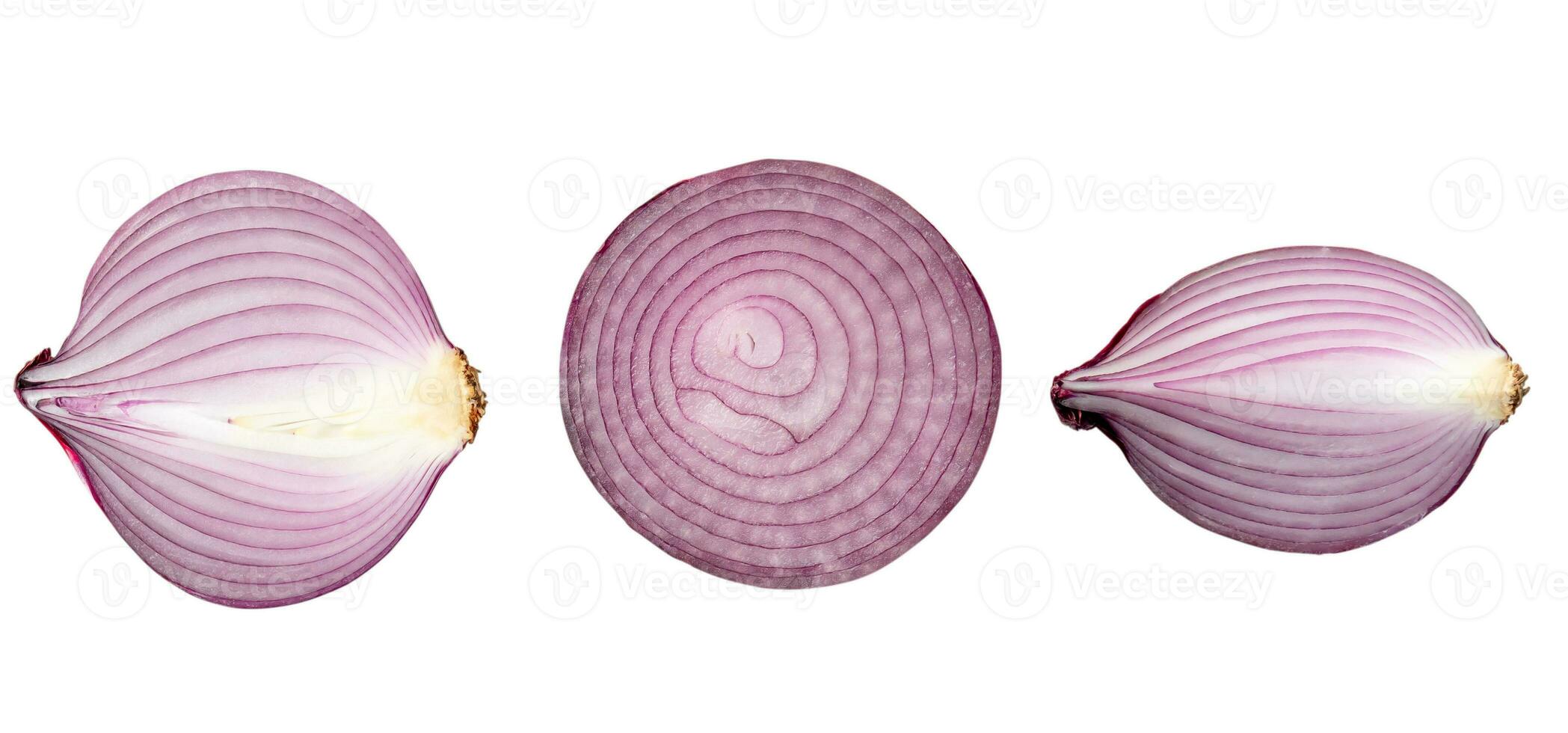Top view of fresh red or purple onion halves with slice in set isolated on white background with clipping path photo