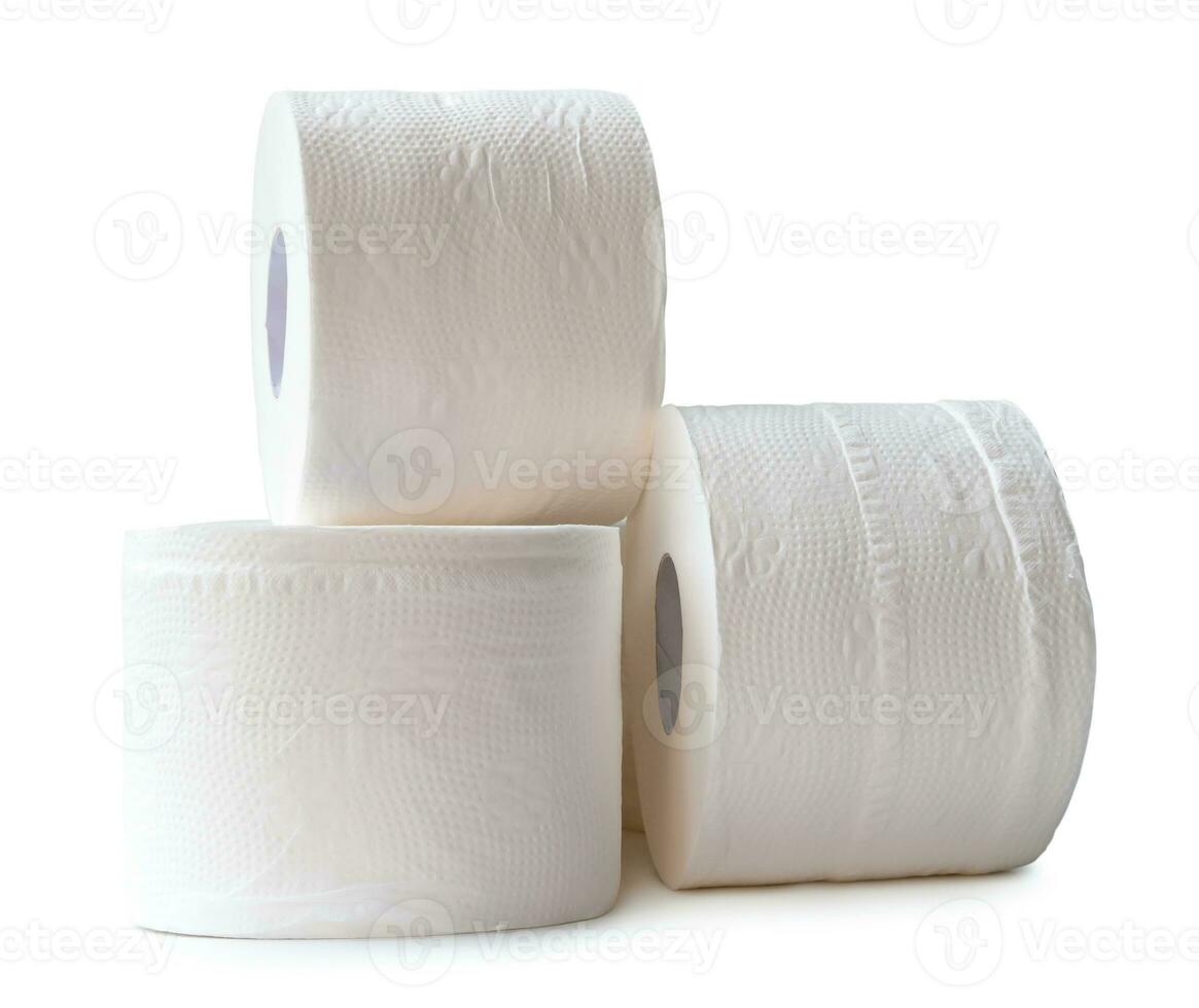 three rolls of white tissue paper or napkin in stack prepared for use in toilet or restroom isolated on white background with clipping path photo