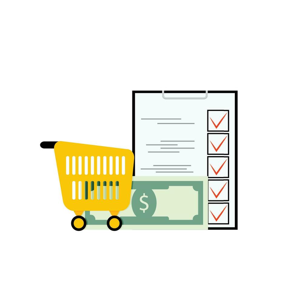 Grocery list concept. Vector product and purchase, checklist sheet approve and cart for food illustration