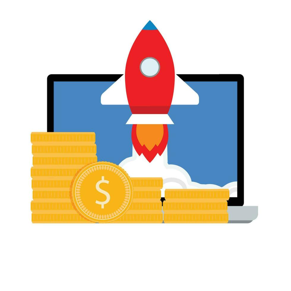 Investing in launch start up. Laptop with start rocket and stacks golden coins dollars. Vector illustration