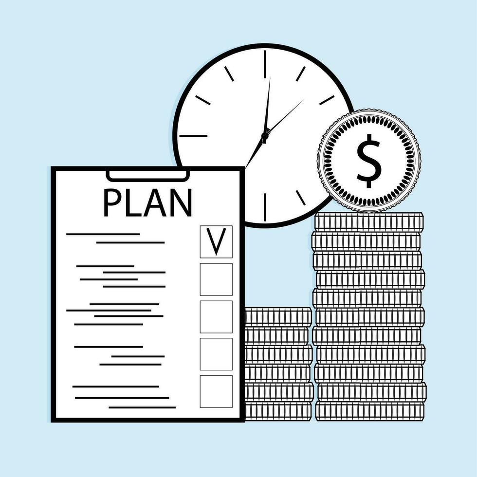 Plan time and money. Business time money, plan and management, vector illustration