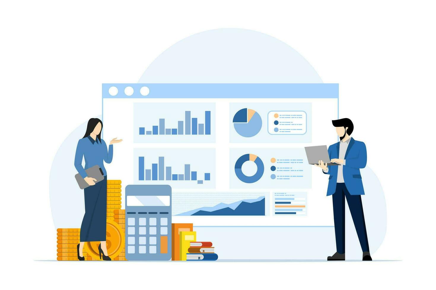 Financial Audit concept, accounting services, financial audit, financial reports, saving money, team of accountants evaluating company finances. Flat illustration for landing page, banner, website. vector