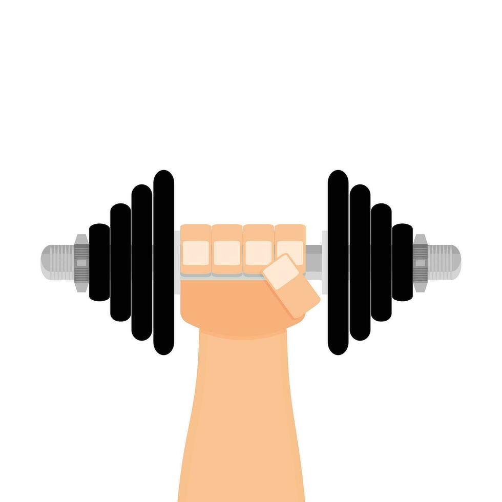 Dumbbell in hand flat cartoon. Vector training strong, sport power with dumbbell illustration